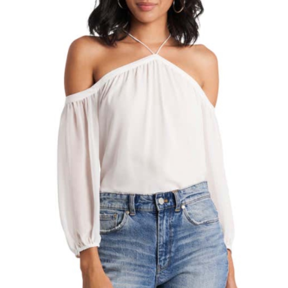 1.STATE Off the Shoulder Sheer Chiffon Blouse in Cloud (White)